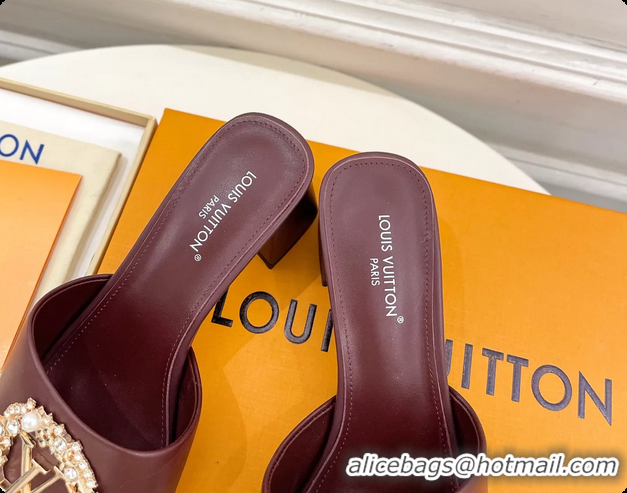 Unique Ladies Louis Vuitton LV Mare Heeled Slides Sandals Burgundy Calfskin Leather 60MM 6061413