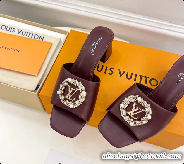 Unique Ladies Louis Vuitton LV Mare Heeled Slides Sandals Burgundy Calfskin Leather 60MM 6061413