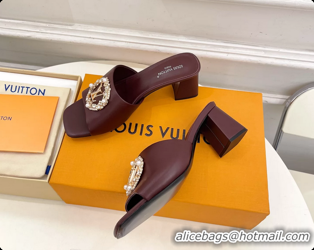 Unique Ladies Louis Vuitton LV Mare Heeled Slides Sandals Burgundy Calfskin Leather 60MM 6061413