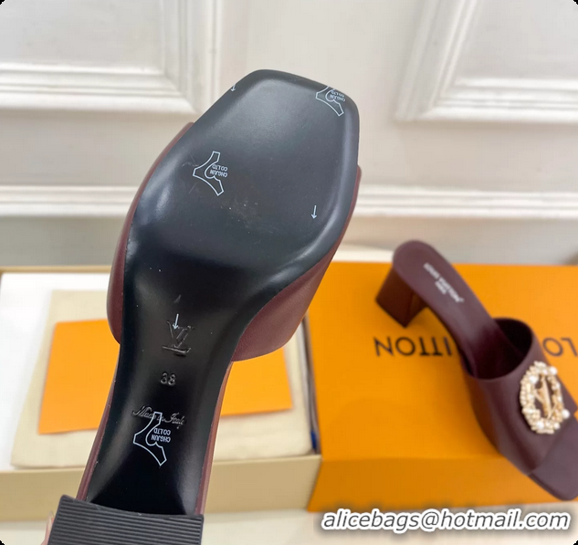 Unique Ladies Louis Vuitton LV Mare Heeled Slides Sandals Burgundy Calfskin Leather 60MM 6061413