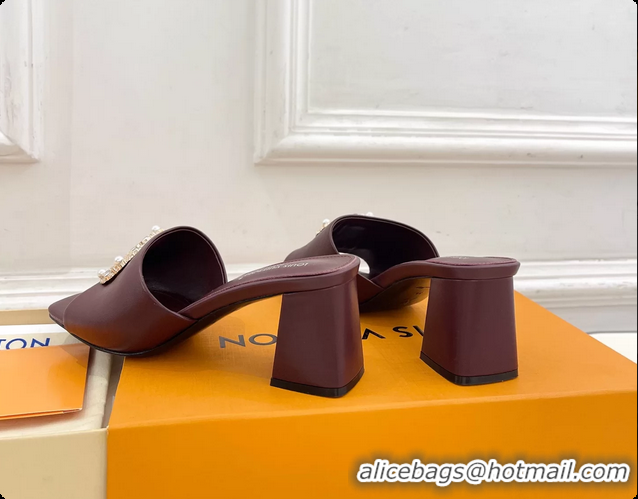 Unique Ladies Louis Vuitton LV Mare Heeled Slides Sandals Burgundy Calfskin Leather 60MM 6061413
