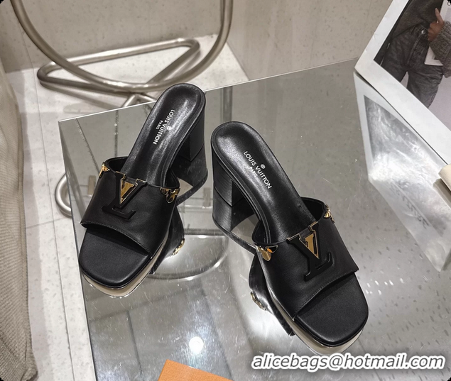 Shop Cheap Louis Vuitton LV Mare Heeled Mule Slides Sandals Black Calf Leather 55MM 6061414