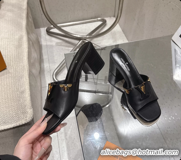 Shop Cheap Louis Vuitton LV Mare Heeled Mule Slides Sandals Black Calf Leather 55MM 6061414