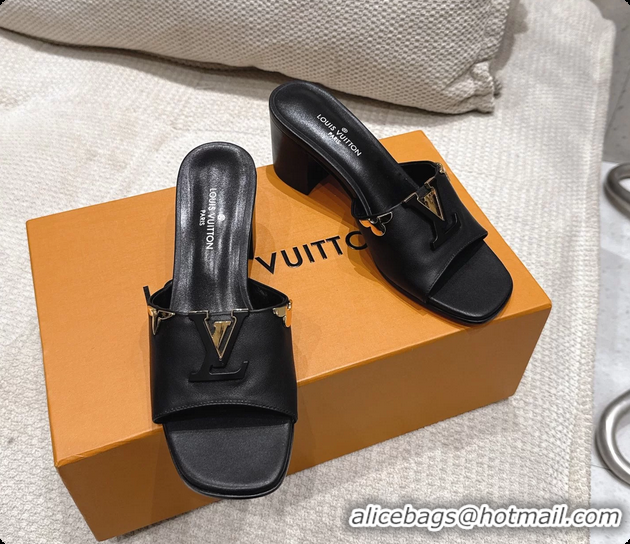 Shop Cheap Louis Vuitton LV Mare Heeled Mule Slides Sandals Black Calf Leather 55MM 6061414