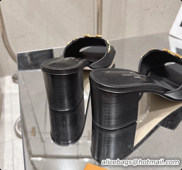 Shop Cheap Louis Vuitton LV Mare Heeled Mule Slides Sandals Black Calf Leather 55MM 6061414