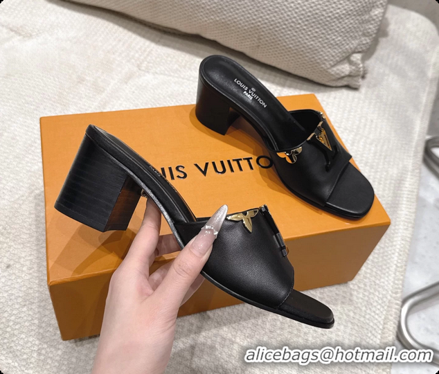 Shop Cheap Louis Vuitton LV Mare Heeled Mule Slides Sandals Black Calf Leather 55MM 6061414