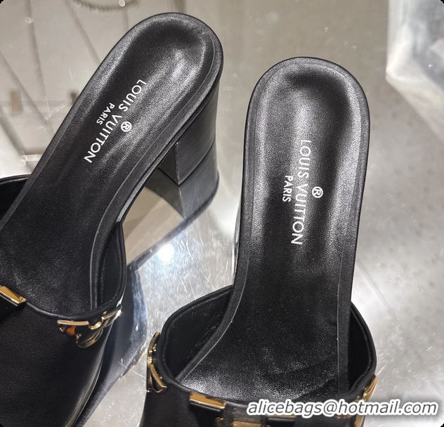 Shop Cheap Louis Vuitton LV Mare Heeled Mule Slides Sandals Black Calf Leather 55MM 6061414