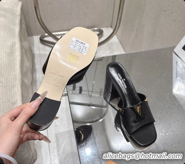Shop Cheap Louis Vuitton LV Mare Heeled Mule Slides Sandals Black Calf Leather 55MM 6061414