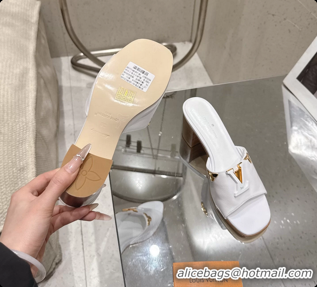 Duplicate Louis Vuitton LV Mare Heeled Mule Slides Sandals White Calf Leather 55MM 6061414