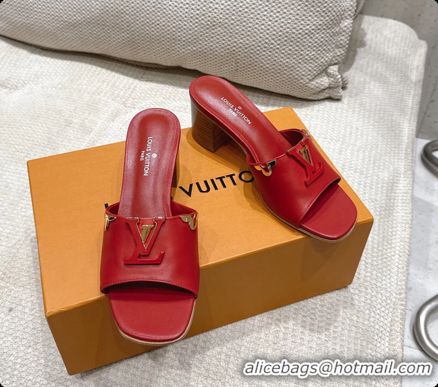 Buy Luxury Louis Vuitton LV Mare Heeled Mule Slides Sandals Red Calf Leather 55MM 6061414