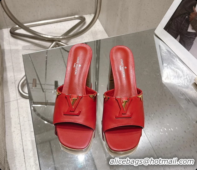 Buy Luxury Louis Vuitton LV Mare Heeled Mule Slides Sandals Red Calf Leather 55MM 6061414