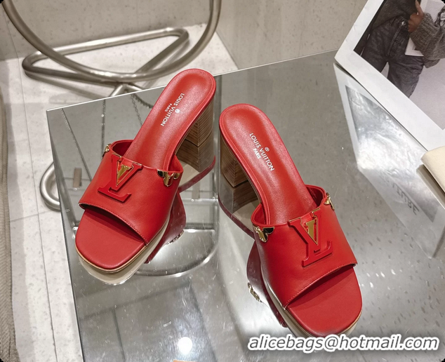 Buy Luxury Louis Vuitton LV Mare Heeled Mule Slides Sandals Red Calf Leather 55MM 6061414