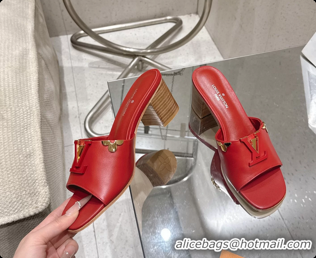 Buy Luxury Louis Vuitton LV Mare Heeled Mule Slides Sandals Red Calf Leather 55MM 6061414