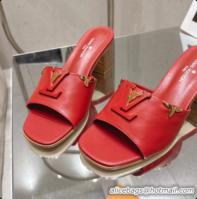 Buy Luxury Louis Vuitton LV Mare Heeled Mule Slides Sandals Red Calf Leather 55MM 6061414
