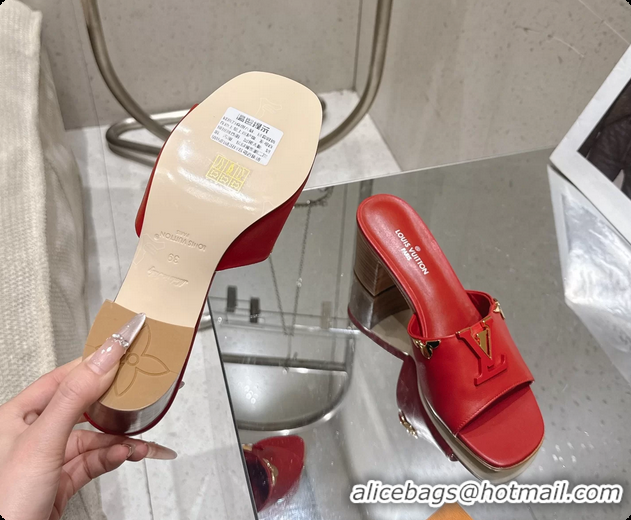 Buy Luxury Louis Vuitton LV Mare Heeled Mule Slides Sandals Red Calf Leather 55MM 6061414