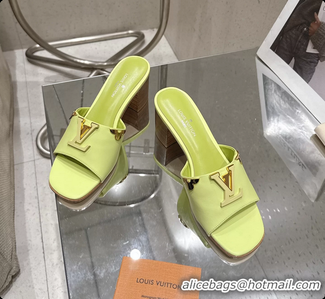 Grade Louis Vuitton LV Mare Heeled Mule Slides Sandals Light Green Calf Leather 55MM 6061414