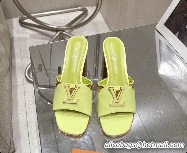 Grade Louis Vuitton LV Mare Heeled Mule Slides Sandals Light Green Calf Leather 55MM 6061414