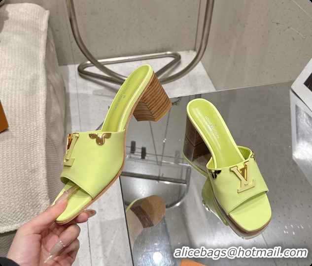Grade Louis Vuitton LV Mare Heeled Mule Slides Sandals Light Green Calf Leather 55MM 6061414