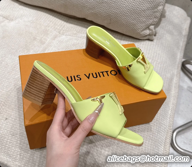 Grade Louis Vuitton LV Mare Heeled Mule Slides Sandals Light Green Calf Leather 55MM 6061414