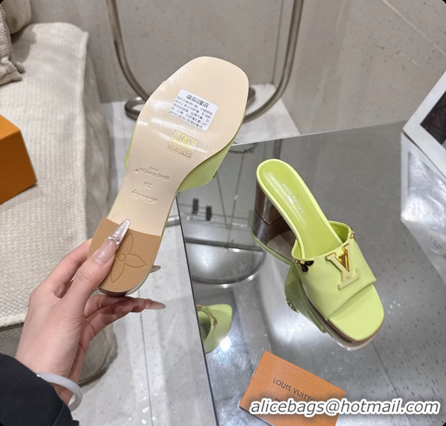 Grade Louis Vuitton LV Mare Heeled Mule Slides Sandals Light Green Calf Leather 55MM 6061414