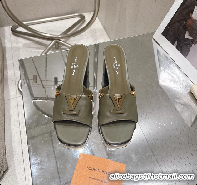 Buy Fashionable Louis Vuitton LV Mare Heeled Mule Slides Sandals Green Calf Leather 55MM 6061414