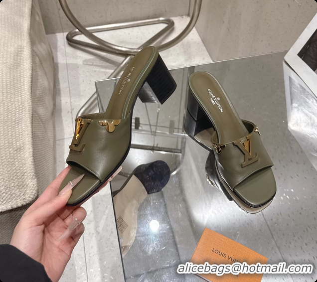 Buy Fashionable Louis Vuitton LV Mare Heeled Mule Slides Sandals Green Calf Leather 55MM 6061414