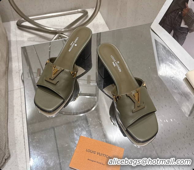 Buy Fashionable Louis Vuitton LV Mare Heeled Mule Slides Sandals Green Calf Leather 55MM 6061414
