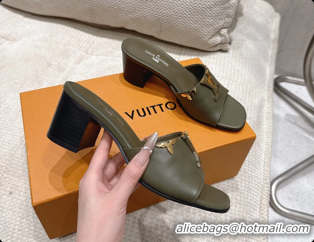 Buy Fashionable Louis Vuitton LV Mare Heeled Mule Slides Sandals Green Calf Leather 55MM 6061414