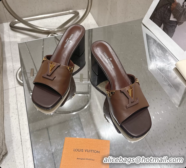 Best Product Louis Vuitton LV Mare Heeled Mule Slides Sandals Dark Brown Calf Leather 55MM 6061414