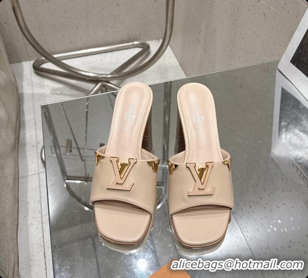 Top Grade Louis Vuitton LV Mare Heeled Mule Slides Sandals Beige Calf Leather 55MM 6061414