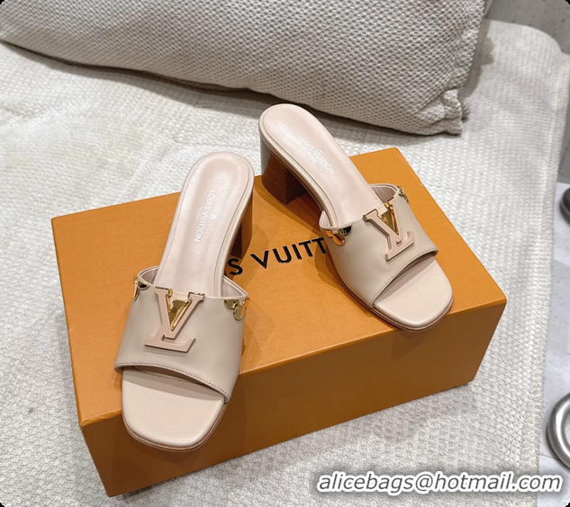 Top Grade Louis Vuitton LV Mare Heeled Mule Slides Sandals Beige Calf Leather 55MM 6061414