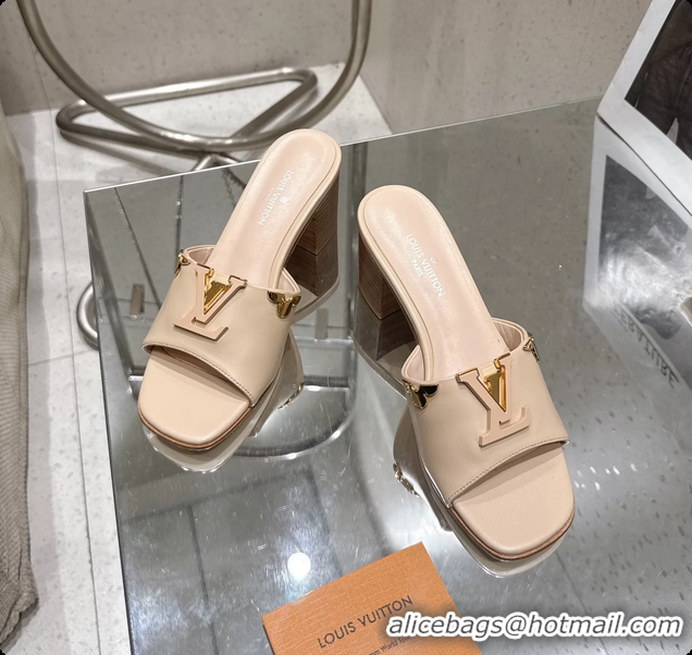 Top Grade Louis Vuitton LV Mare Heeled Mule Slides Sandals Beige Calf Leather 55MM 6061414
