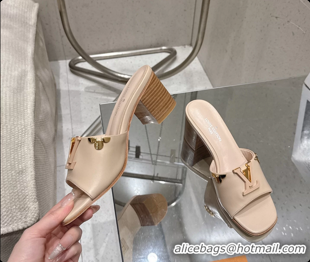 Top Grade Louis Vuitton LV Mare Heeled Mule Slides Sandals Beige Calf Leather 55MM 6061414