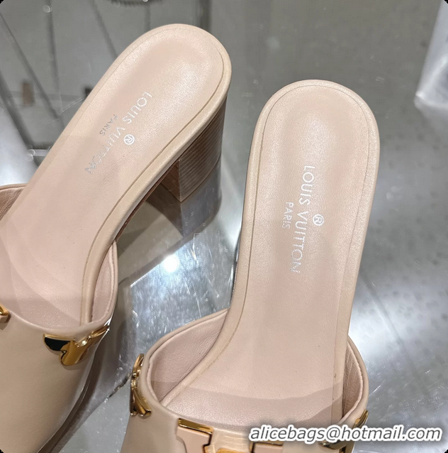 Top Grade Louis Vuitton LV Mare Heeled Mule Slides Sandals Beige Calf Leather 55MM 6061414