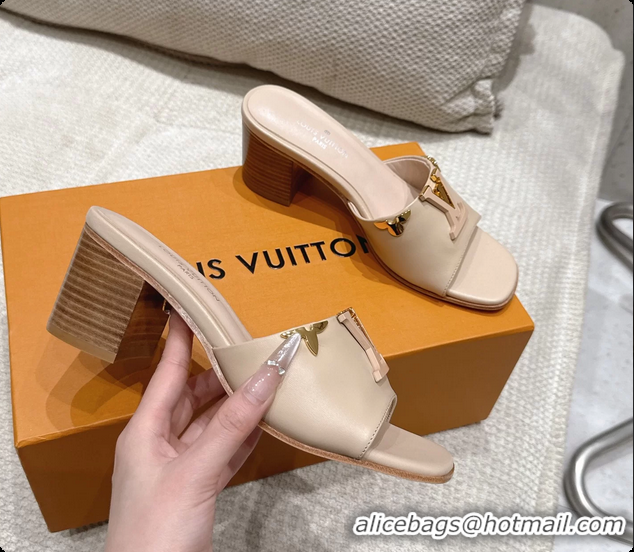 Top Grade Louis Vuitton LV Mare Heeled Mule Slides Sandals Beige Calf Leather 55MM 6061414