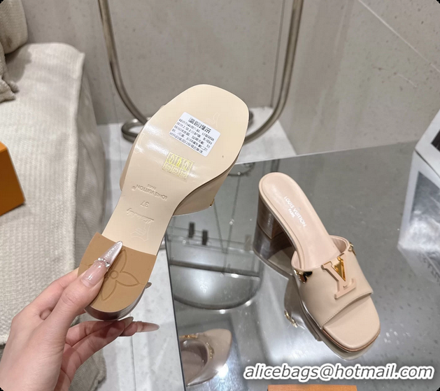 Top Grade Louis Vuitton LV Mare Heeled Mule Slides Sandals Beige Calf Leather 55MM 6061414