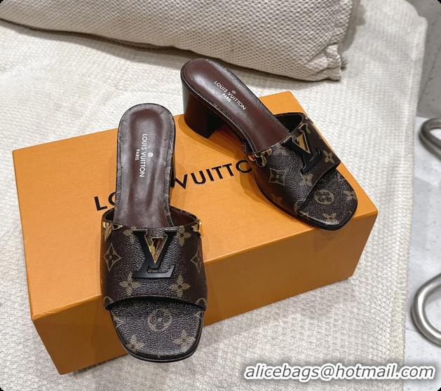 Buy Discount Louis Vuitton LV Mare Heeled Mule Slides Sandals Brown Monogram Canvas 55MM 6061414