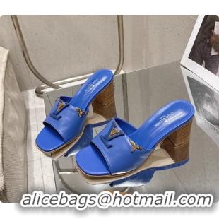 Grade Quality Louis Vuitton LV Mare Heeled Mule Slides Sandals Blue Calf Leather 55MM 6061414