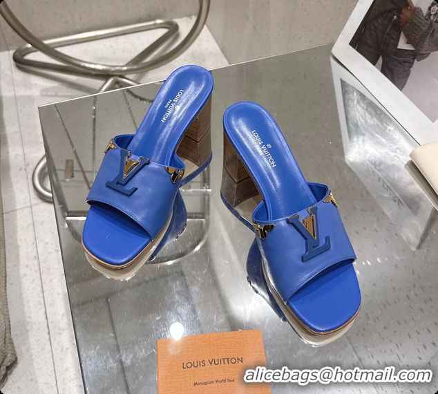Grade Quality Louis Vuitton LV Mare Heeled Mule Slides Sandals Blue Calf Leather 55MM 6061414