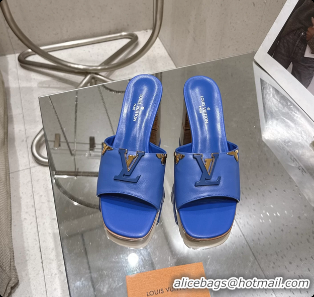 Grade Quality Louis Vuitton LV Mare Heeled Mule Slides Sandals Blue Calf Leather 55MM 6061414