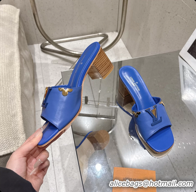 Grade Quality Louis Vuitton LV Mare Heeled Mule Slides Sandals Blue Calf Leather 55MM 6061414