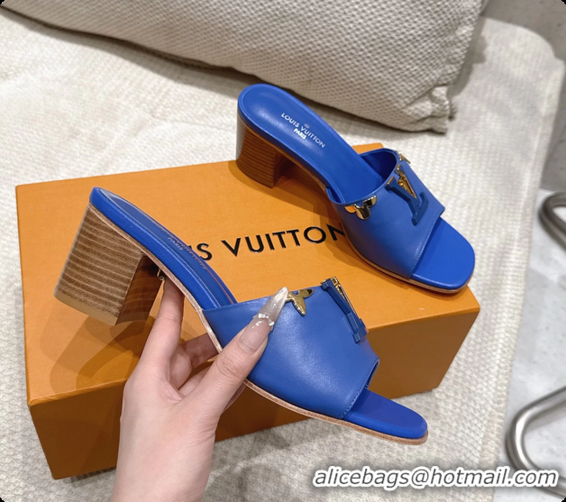 Grade Quality Louis Vuitton LV Mare Heeled Mule Slides Sandals Blue Calf Leather 55MM 6061414