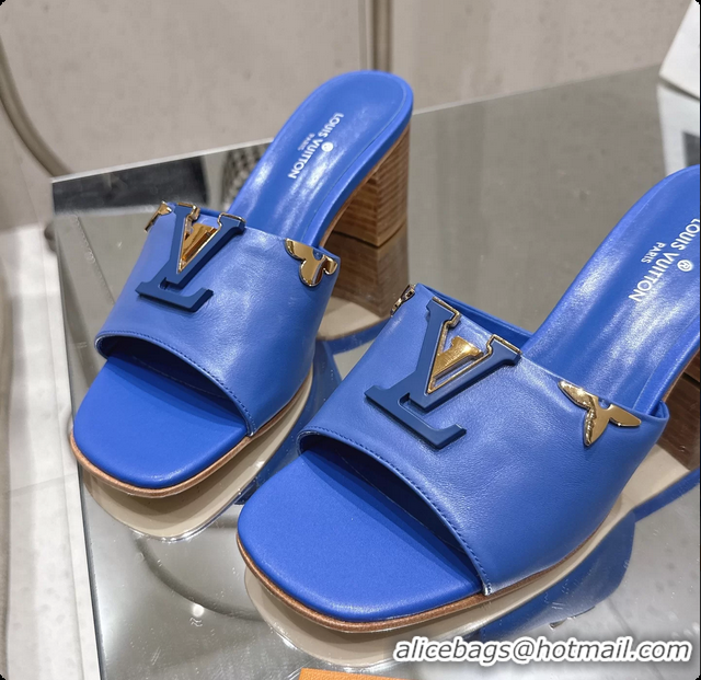 Grade Quality Louis Vuitton LV Mare Heeled Mule Slides Sandals Blue Calf Leather 55MM 6061414