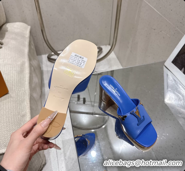Grade Quality Louis Vuitton LV Mare Heeled Mule Slides Sandals Blue Calf Leather 55MM 6061414