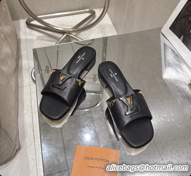 Good Looking Louis Vuitton LV Mare Flat Mule Slides Sandals Black Calfskin Leather 6061415