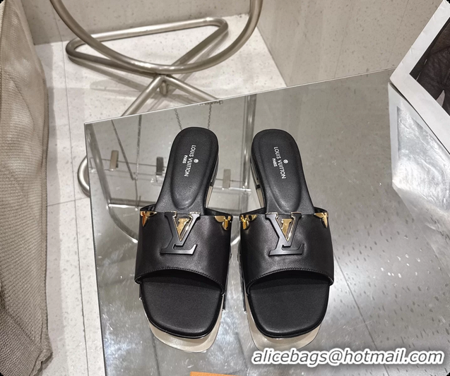 Good Looking Louis Vuitton LV Mare Flat Mule Slides Sandals Black Calfskin Leather 6061415
