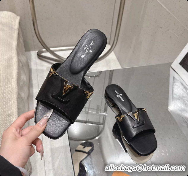 Good Looking Louis Vuitton LV Mare Flat Mule Slides Sandals Black Calfskin Leather 6061415