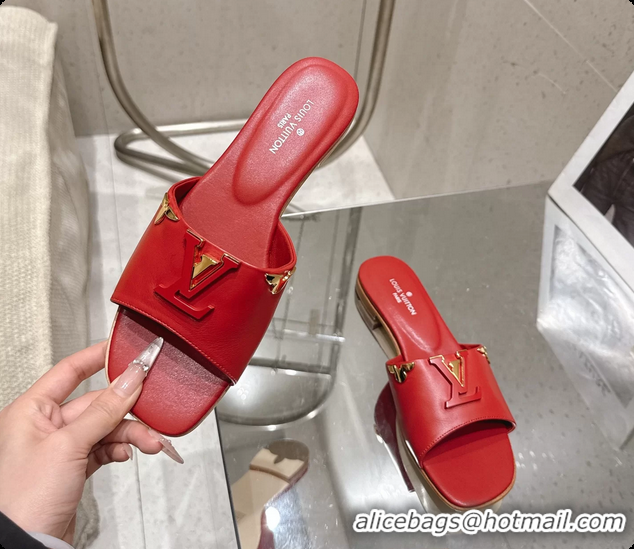 Classic Hot Louis Vuitton LV Mare Flat Mule Slides Sandals Red Calfskin Leather 6061415