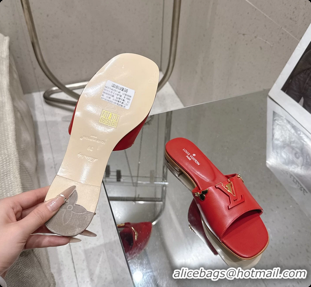 Classic Hot Louis Vuitton LV Mare Flat Mule Slides Sandals Red Calfskin Leather 6061415
