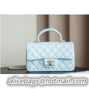 Original Cheap Chanel Classic Mini Top Handle Bag in Lambskin Leather AS2566 Light Blue/Gold
